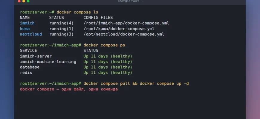 Команды docker compose ls и docker compose ps на сервере с тремя проектами