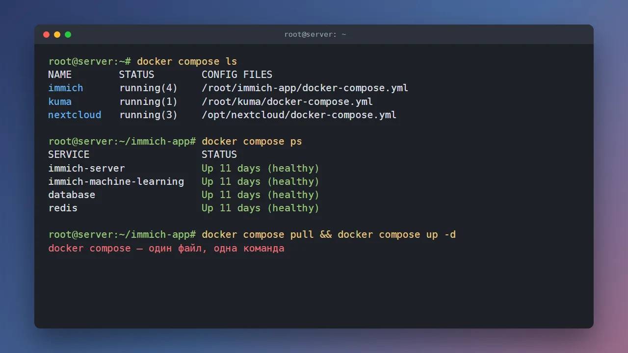 Команды docker compose ls и docker compose ps на сервере с тремя проектами