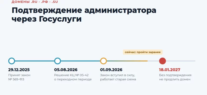 Сроки подтверждения администратора домена через Госуслуги: 569-ФЗ, решение КЦ, 1 сентября 2026, 18 января 2027