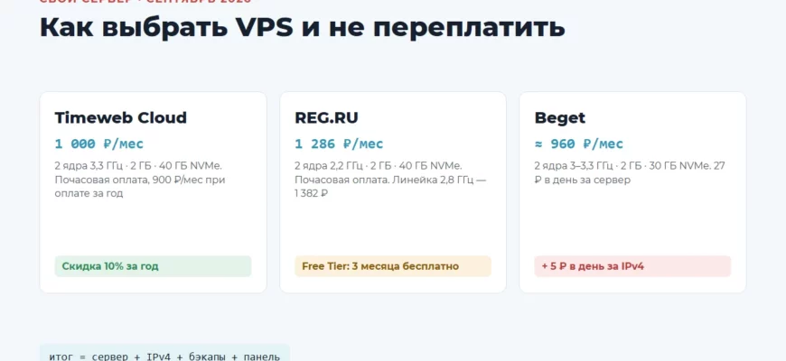 Сравнение цен VPS на 2 ядра и 2 ГБ: Timeweb Cloud, REG.RU и Beget, сентябрь 2026