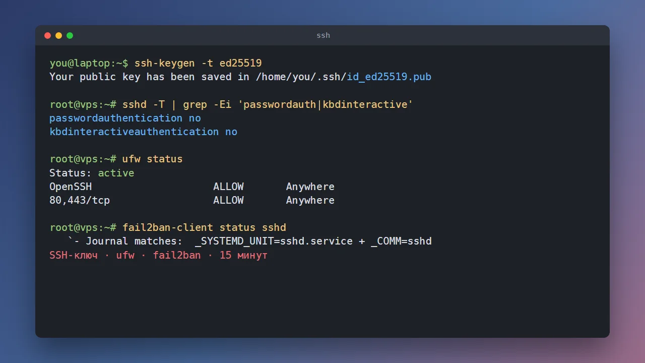 Первая настройка VPS: SSH-ключ, отключение входа по паролю, ufw и fail2ban