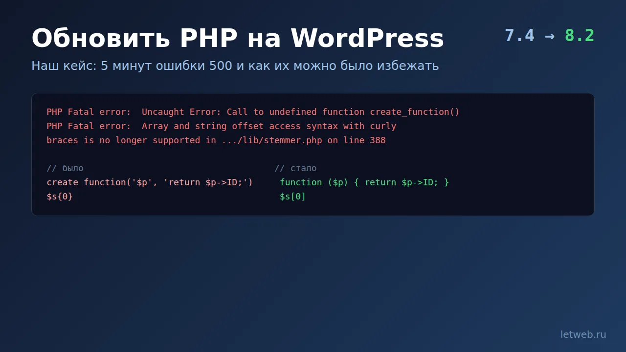 Обновить PHP на WordPress: ошибки из лога и исправление create_function