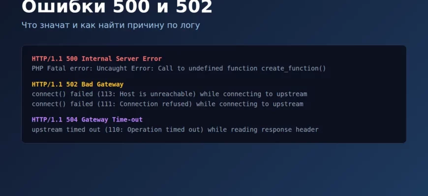 Ошибка 500 и 502 Bad Gateway: ответы сервера и строки из логов nginx