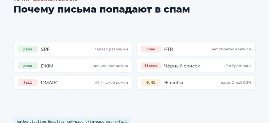 Почему письма попадают в спам: SPF, DKIM, DMARC, PTR, чёрные списки и жалобы