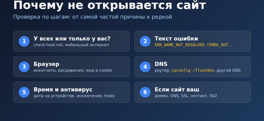 Почему не открывается сайт: схема проверки по шагам