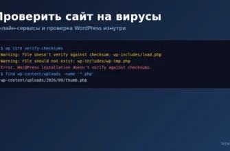Проверить сайт на вирусы: результат wp core verify-checksums на заражённом WordPress