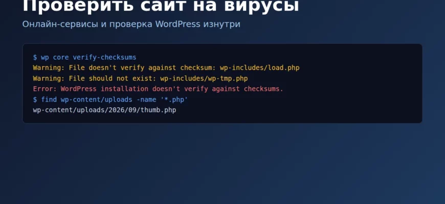 Проверить сайт на вирусы: результат wp core verify-checksums на заражённом WordPress