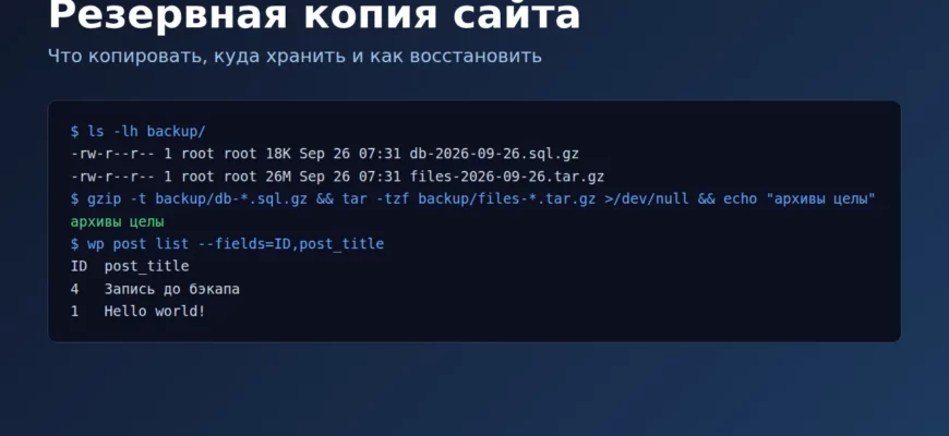 Резервная копия сайта: дамп базы и архив файлов в терминале