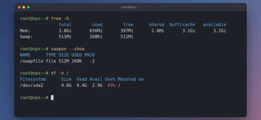 Вывод free -h, swapon --show и df -h на VPS с 4 ГБ памяти