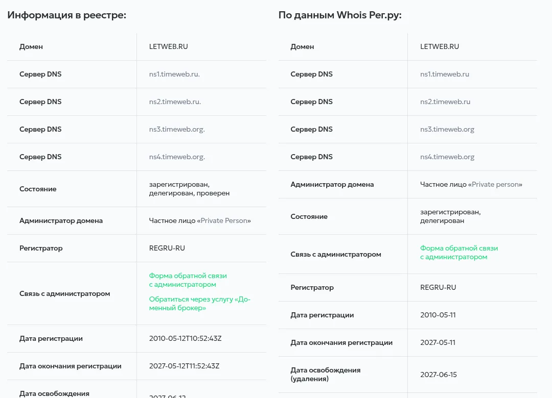 Whois домена letweb.ru на сайте REG.RU