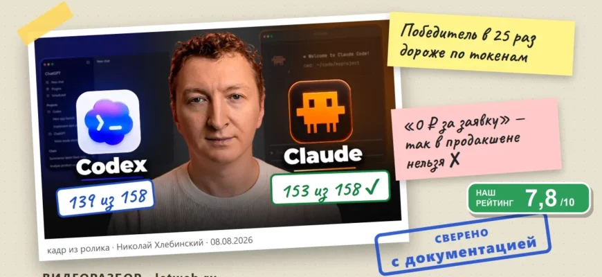 Claude Code или Codex: кадр из ролика с пометками проверки фактов