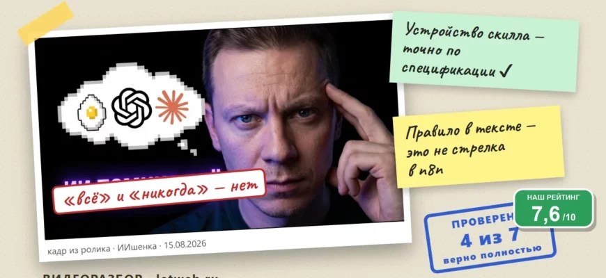 Скилл для Claude и база знаний: кадр из ролика с пометками проверки фактов