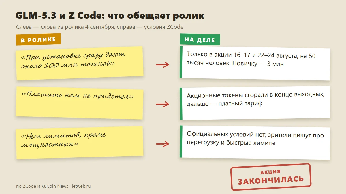 GLM-5.3 и ZCode: обещания ролика и реальные условия раздачи токенов