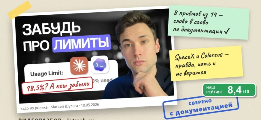 Лимиты Claude и экономия токенов: кадр из ролика с пометками проверки фактов