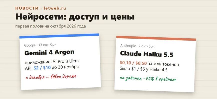 Новости нейросетей: Gemini 4 Argon открыта платным пользователям, Claude Haiku 5.5 в 10 раз дешевле