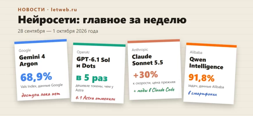 Новости нейросетей: Gemini 4 Argon, GPT-6.1 Sol, Claude Sonnet 5.5 — главное за неделю