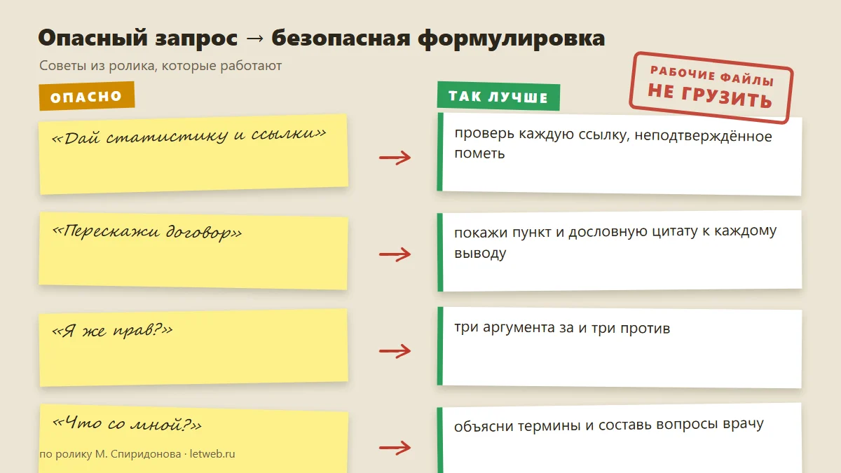 Опасные запросы к нейросети и безопасные формулировки: проверка ссылок, цитаты из договора, аргументы за и против