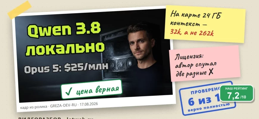 Qwen 3.8 27B локально: кадр из ролика с пометками проверки фактов